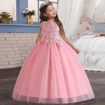 Young Girls Long Party Dress Kids Flower Embroidery Clothes Girl Lace Birthday Evening Princess Gown Children Fashion Costumes 1