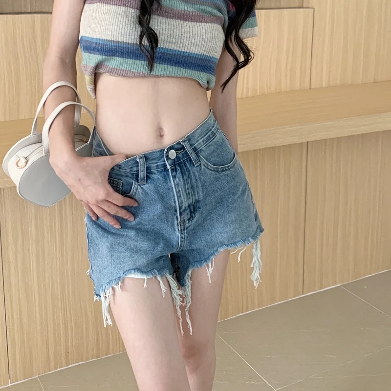 Grinding Worn Out Washed Denim Shorts for Lady High Waist Cotton Summer Fashion Women Short Jeans