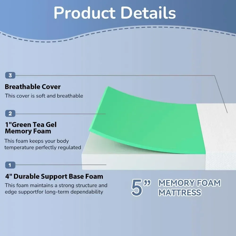 Full Size Bed Mattress, Medium Firm Mattresses Fiberglass Free, Bed-in-a-Box, 5 Inch Green Tea Memory Foam Mattress 5