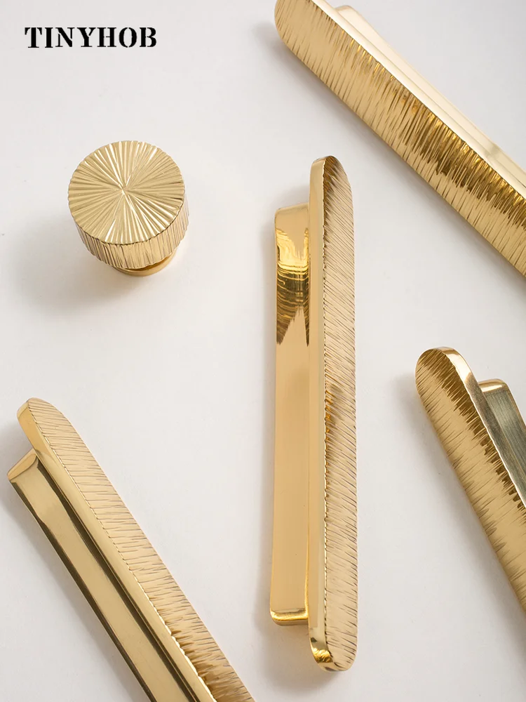 Tinyhob Vertical Lines Solid Brass Handle for Kitchen Cabinet Knobs T Bars Bedroom Wardrobes Long Pull Gold Drawer Handle
