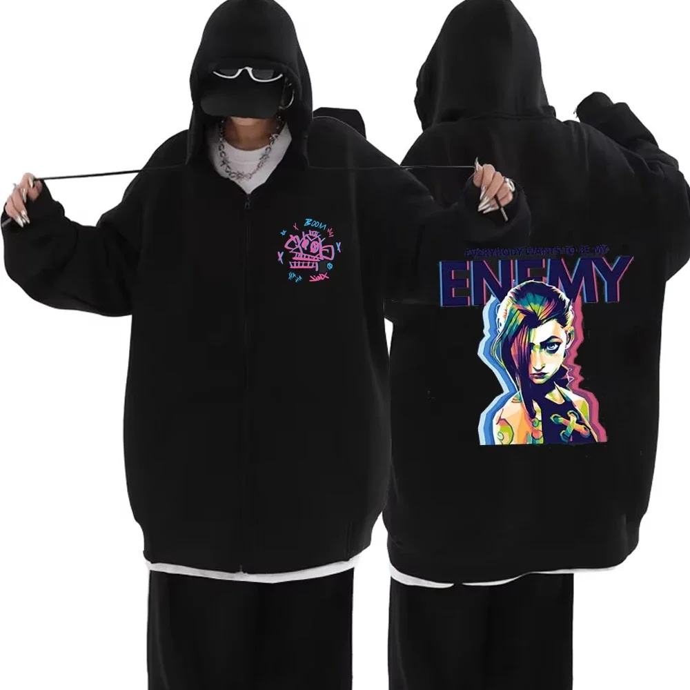 Arcane-Jinx Zipper Hoody Graffiti Hip Hop Jacket Fashion Zip Up Sweatshirt Men Women Oversized Pullover Hoodie Streetwear Tops 2
