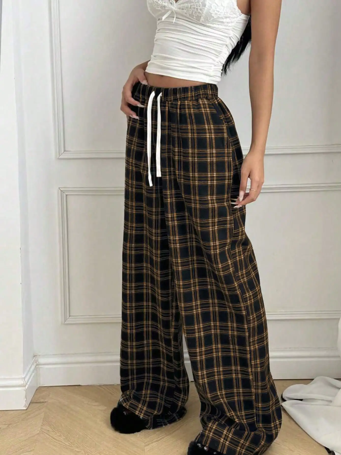Plaid Pants for Women, High Waist Drawstring Wide Leg Trousers, Casual Streetwear Lounge Pants - 2