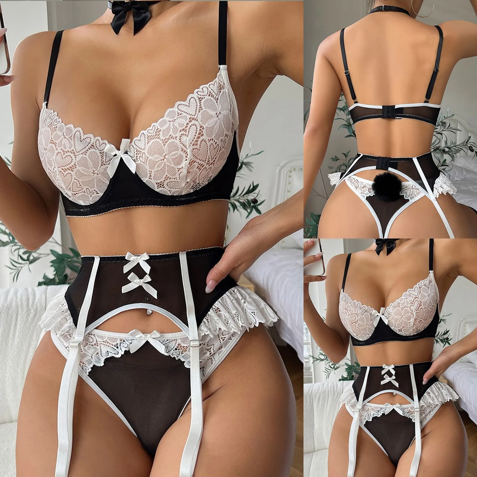 

Erotic Sexy Lingerie Set Sexy Lace Transparent Maid Cosplay Costumes Underwire Adjustable Bra Panty Garter Bowknot Underwear