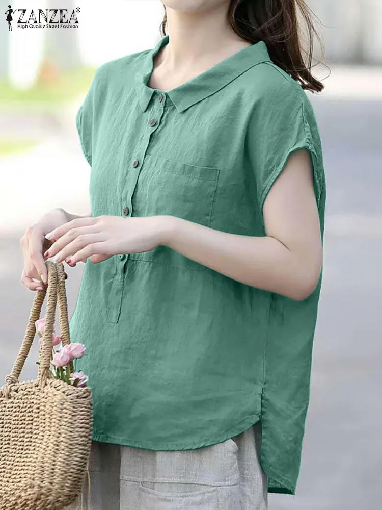 ZANZEA Summer Women Blouse Casual Loose Shirt Short Sleeve Solid Cotton Tunic Tops Fashion Buttons Down Blusas Chemise Oversize