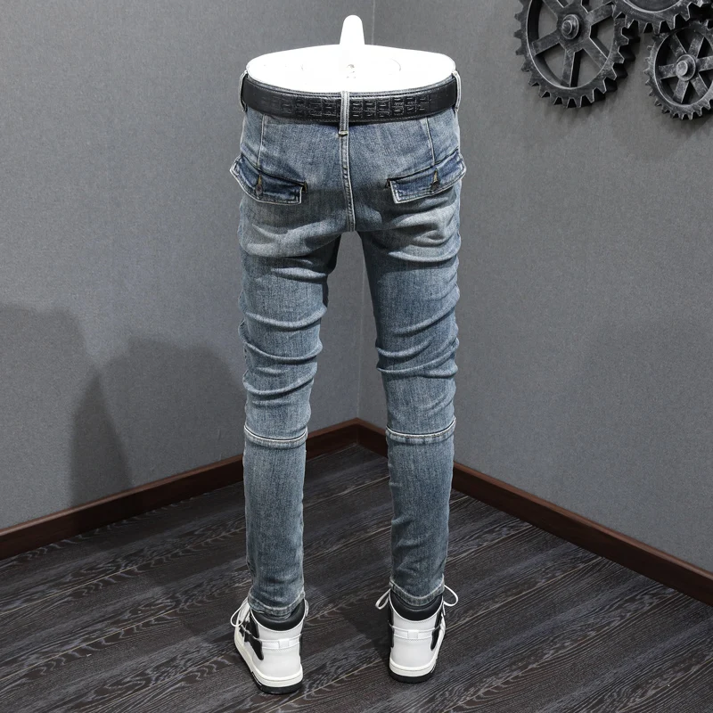 High Street Fashion Men Jeans Retro Washed Blue Elastic Slim Fit Spliced Biker Jeans Men Zipper Designer Hip Hop Pants Hombre