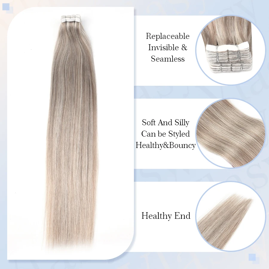 Vlasy Straight Mini Tape in Extensions Human Hair 12"-24" Natural Soft Skin Weft Adhesive Human Hair Invisiable Seamless