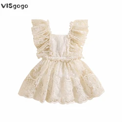 VISgogo Baby Girls Rompers Dress Lace Embroidered Fly Sleeve Layered Skirt Hem Bodysuits Newborn Tie-Up Backless Summer Clothes