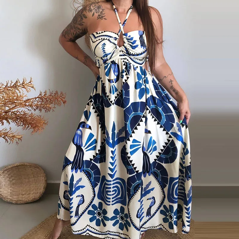 

Женское плиссированное платье без рукавов, повседневное праздничное платье с высокой талией и лямкой на шее, с принтом в богемном стиле, весна-лето 2024