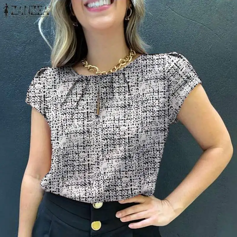 ZANZEA Summer Fashion Printed Blouse Woman Short Sleeve O-Neck Tops Casual Party Chemise Female Elegant OL Office Shirt 2024