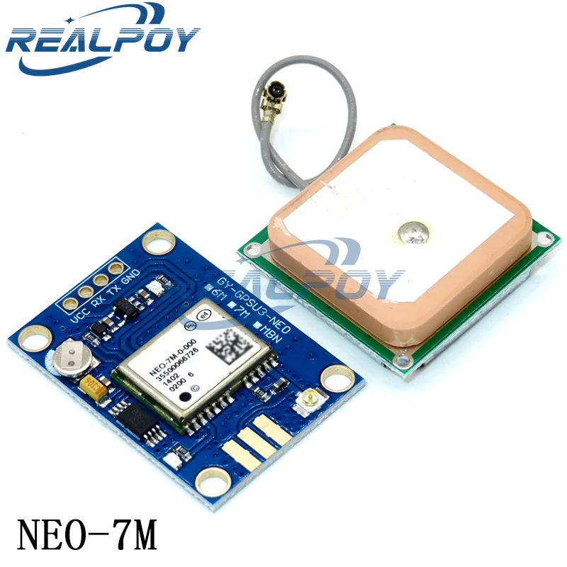 Module GPS NEO-6M NEO-7M NEO-8M avec antenne passive et active côte à côte, comparaison des dimensions et connecteurs.