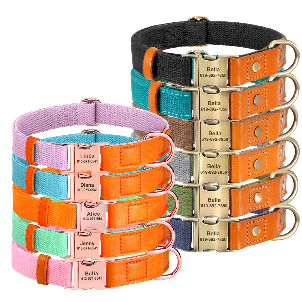 Custom Dog Collar Nylon Dogs Nameplate Collar Free Engrave PU Leather