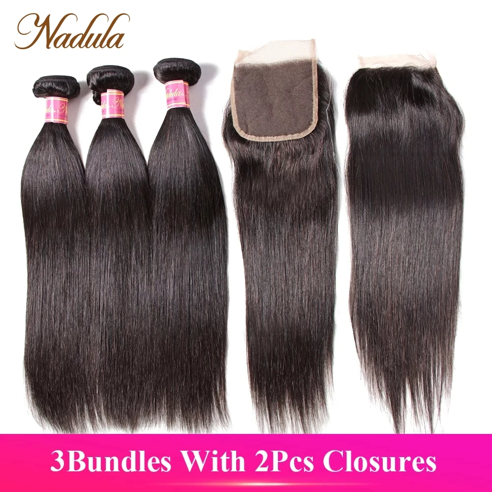 Nadula Hair 3 Bundles With 2Pcs Closures Peruvian Straight Human Hair Bundles With Lace Closure 100% Remy with Closure 4*4