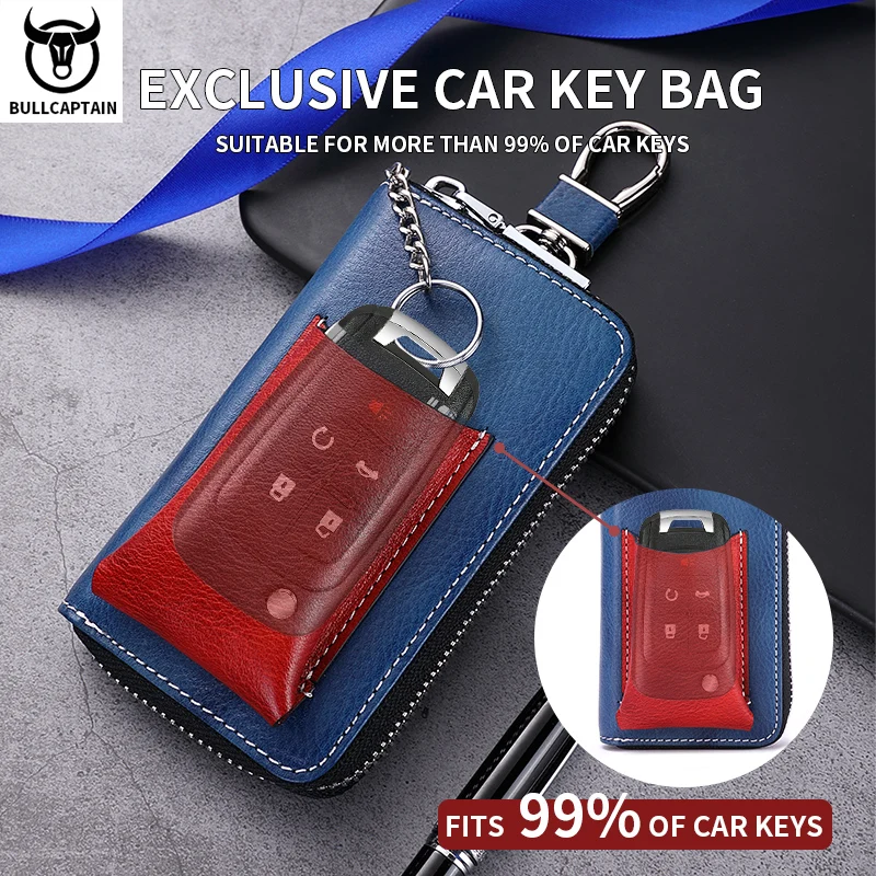 BULLCAPTAIN Men's Genuine Leather Key Case New Home Car Key Clip Men's Leather Case Mini Practical Chain Zipper key case key holder key organizer key purse