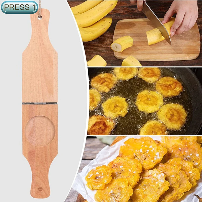 A50I Wooden Tostonera Plantain Press With Handle,2 In 1 Wood Reusable Plantain Press Smasher,Portable Plantain Press 2