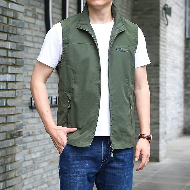 Spring and Autumn Men's Zipper Pockets Embroidered Solid Color Workwear Sleepless Vest Cardigan Coat Office Lady Casual Tops women s spring autumn solid shirring elastic high waisted folds pockets harlan casual workwear trousers office lady loose pants