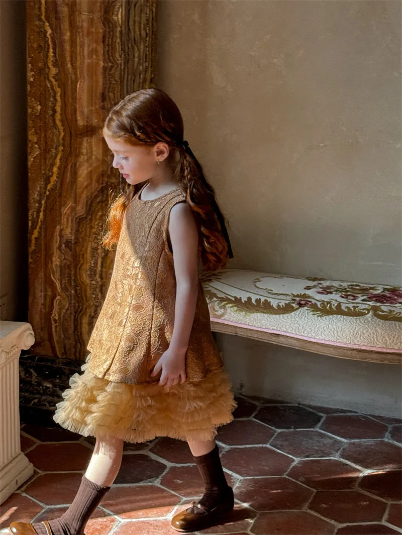 Slip Dress 2025 Spring and Summer New Solid Color Fashion Style Sleeveless Lace Puff Dress Kids Clothes Girls