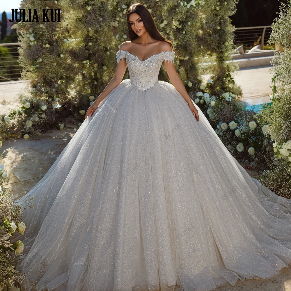 

Julia Kui Shiny Off Shoulder Sleeves Ball Gown Wedding Dress Beading Pearls Lace Vestido De Noiva Bridal Skirt