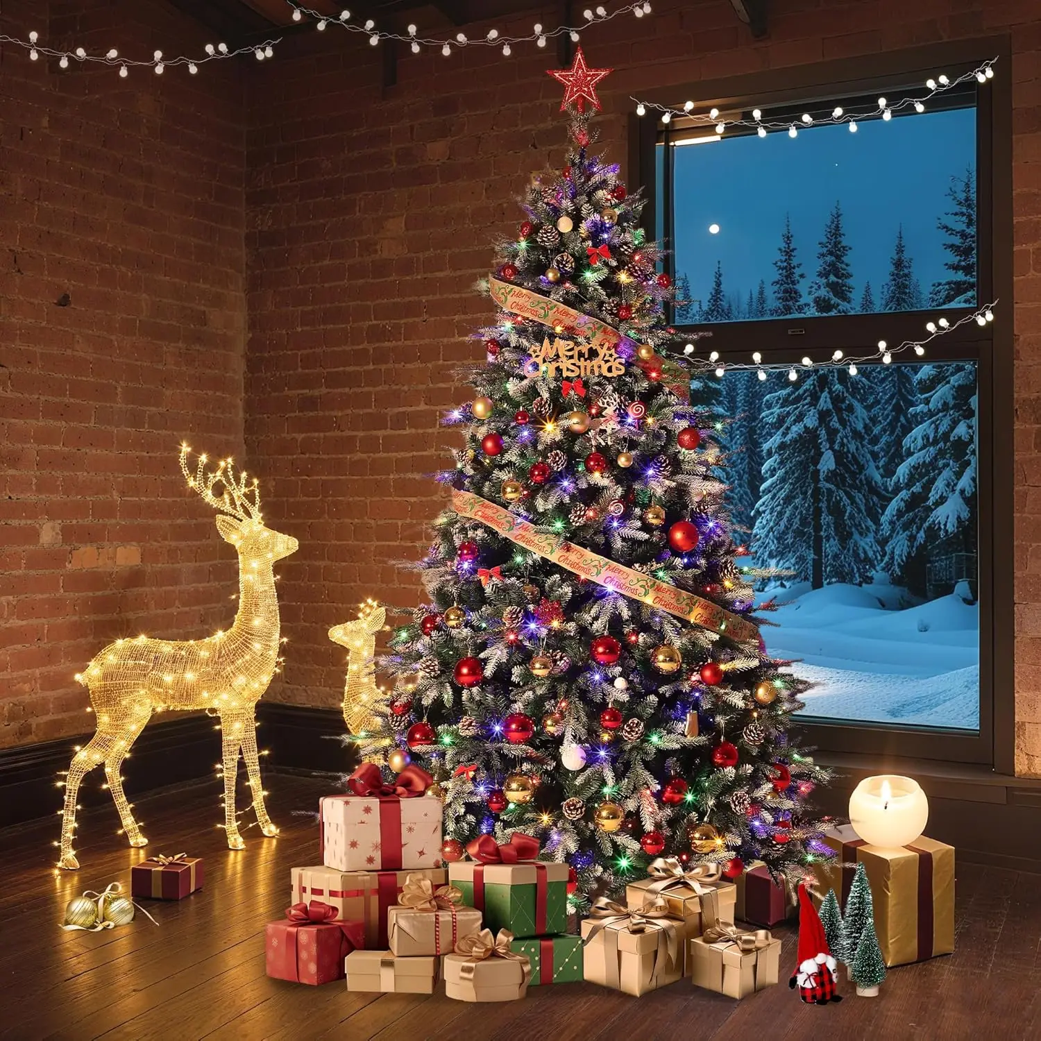 6/7.5/9FT Pre-Lit Snow Flocked Artificial Christmas Tree with 8 LED Modes & Pine Cones – Slim Design for Home Decor