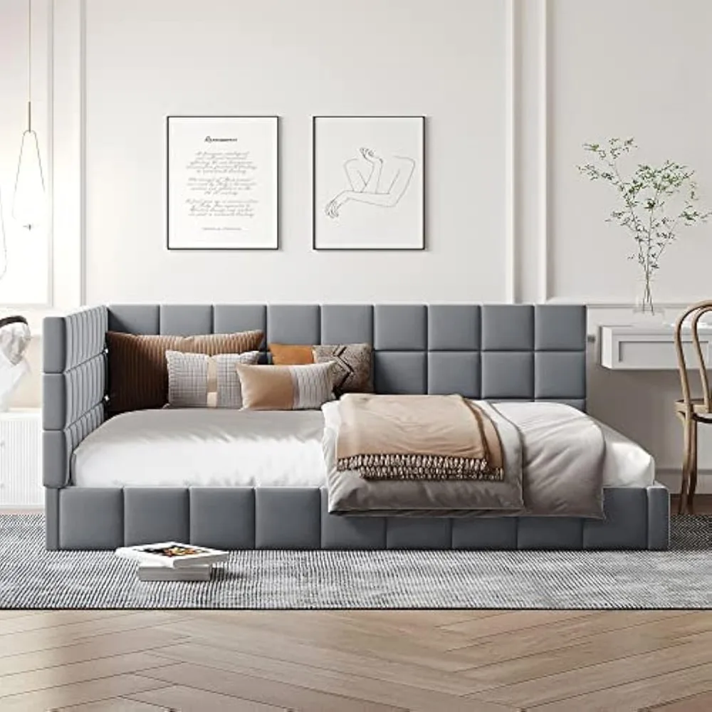 Upholstered Daybed, Mid Century Day Bed Frame with A Backrest and Armrest, Velvet Corner Beds for Living Room, Bedroom, Gray 3