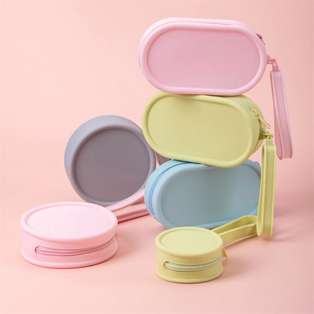 Round Silicone Storage Bag Portable Cosmetics Toiletries Bag Waterproof Zipper Earphone Holder Wallet Macaron Color Coin Purse