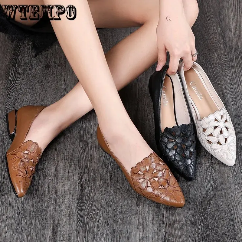 

WTEMPO Soft Leather Hollowed Out Embroidered Single Shoes Women's New Summer Fall Low Heel Breathable PU Work Sandals Wholesale