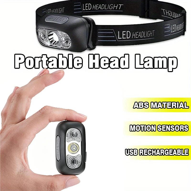 Lampe frontale LED pêche rechargeable USB 8 modes capteur de mouvement puissante pour camping