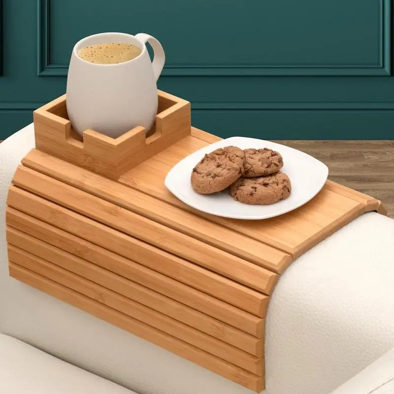 Couch Arm Tray Wooden Sofa Cup Arm Holder Clip On Side Table Anti-Slip Drink Coaster Home Organizer For Drinks And Snacks