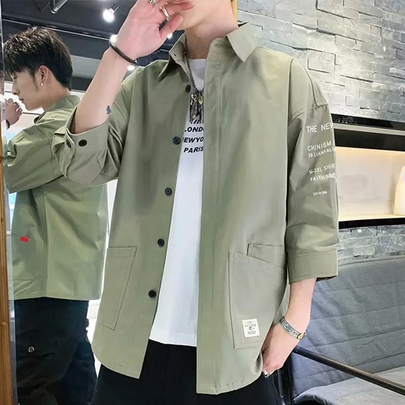 Spring Men Shirt 3/4 Sleeve Summer Loose Hong Kong Winds Thin Style Large Pocket Single-breasted Casual All-match POLO Shirt
