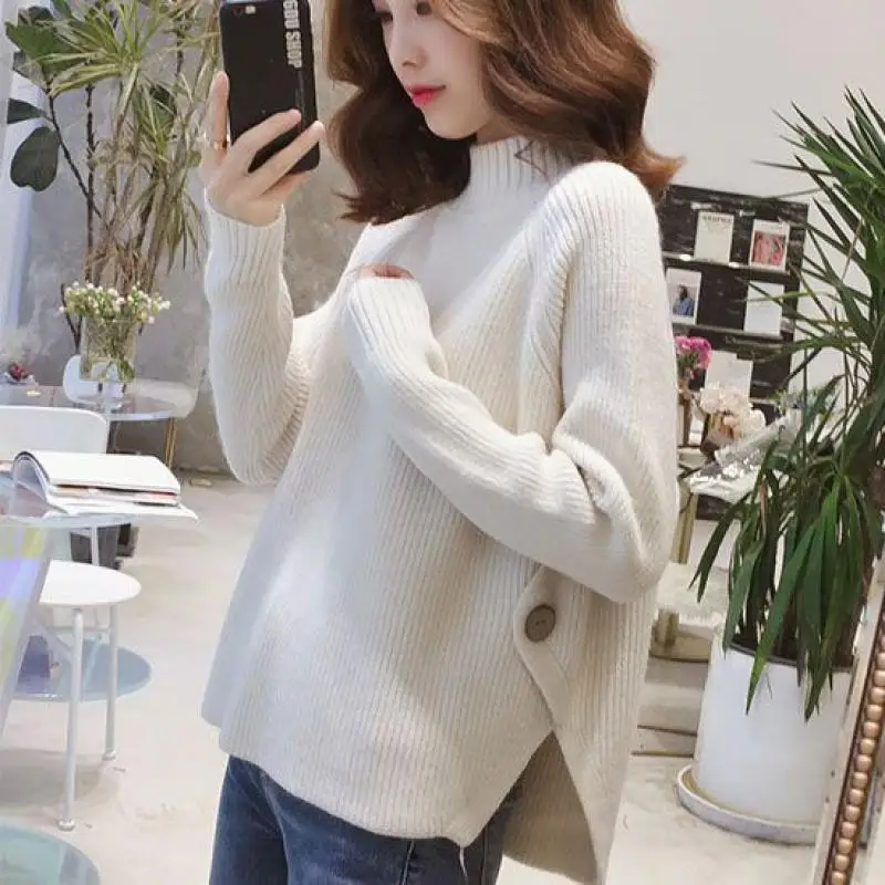 

2023 Spring and Autumn New Semi-high Neck Sweater Korean Version Loose Versatile Solid Color Short Knitted Underlay