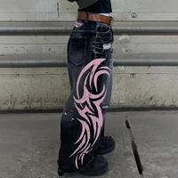 Jean imprimé totem chiné pour hommes, Style américain, vieux délavé, jambes larges, rétro, ample, tendance, jambes larges, pantalon gothique Y2K unisexe 3