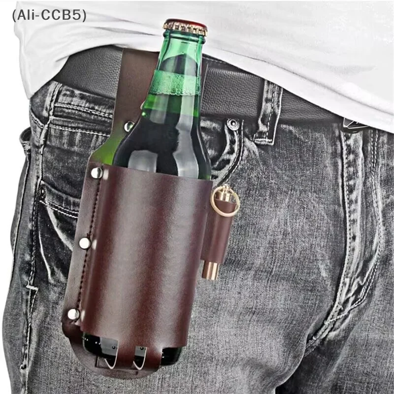 Men's Outdoor Hiking Leather Can Beer Sleeve Waist Bag Drink Bottle Protector Cup Holder Belt Bag