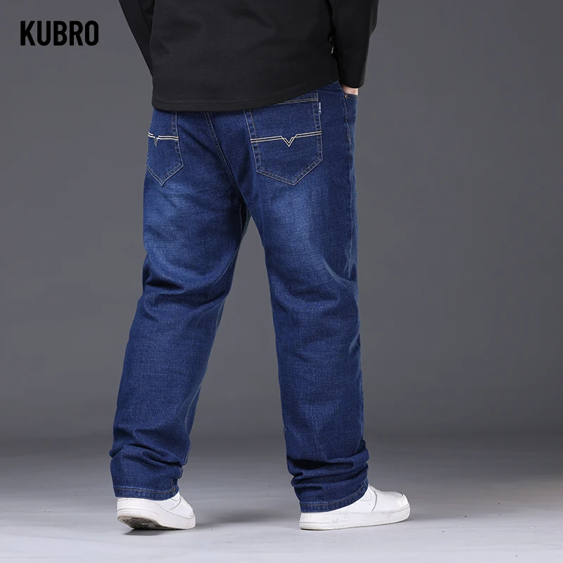 KUBRO Large Plus Size Baggy Men's Jeans Elastic Band Oversize High Waist Loose Pant Husband Fat Loose Black Male Denim Trouser 4