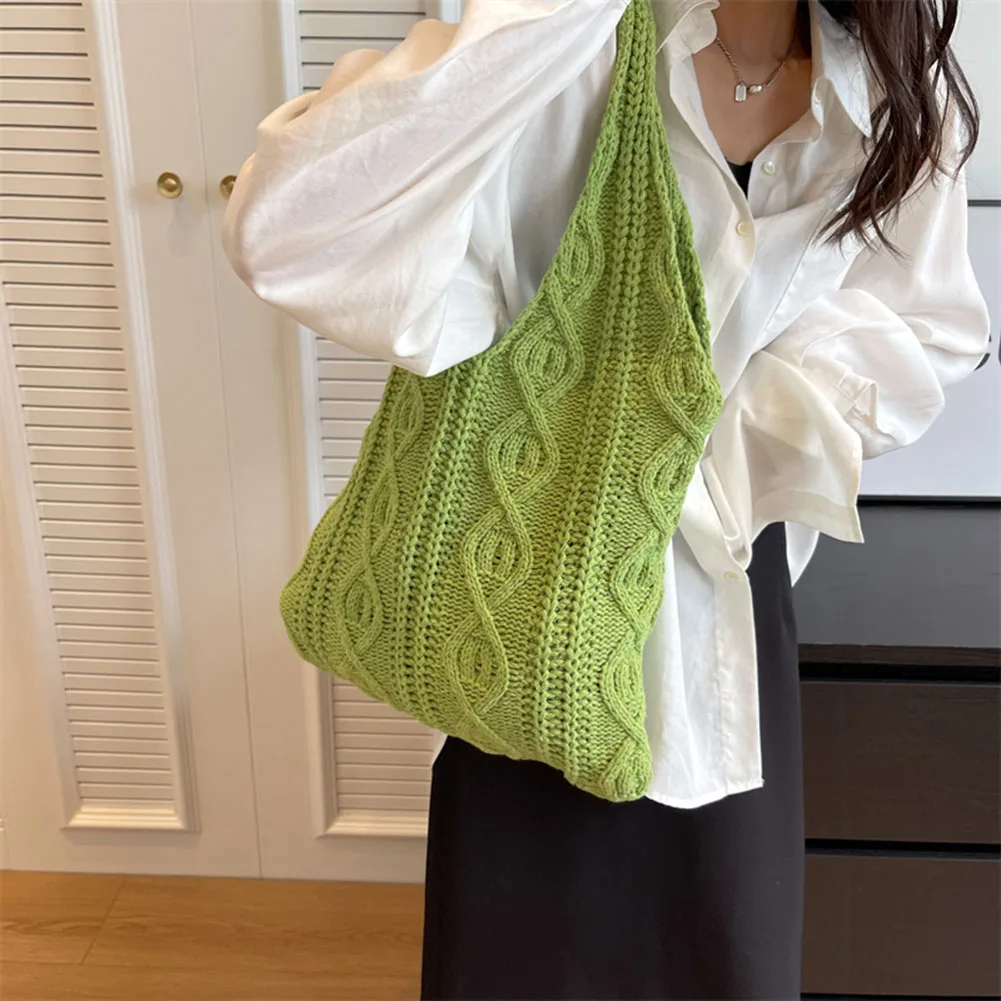 Wool Knitted Shoulder Shopping Bag for Women Vintage Cotton Cloth Girls Tote Shopper Bag Large Female Handbag Crochet Bag 4