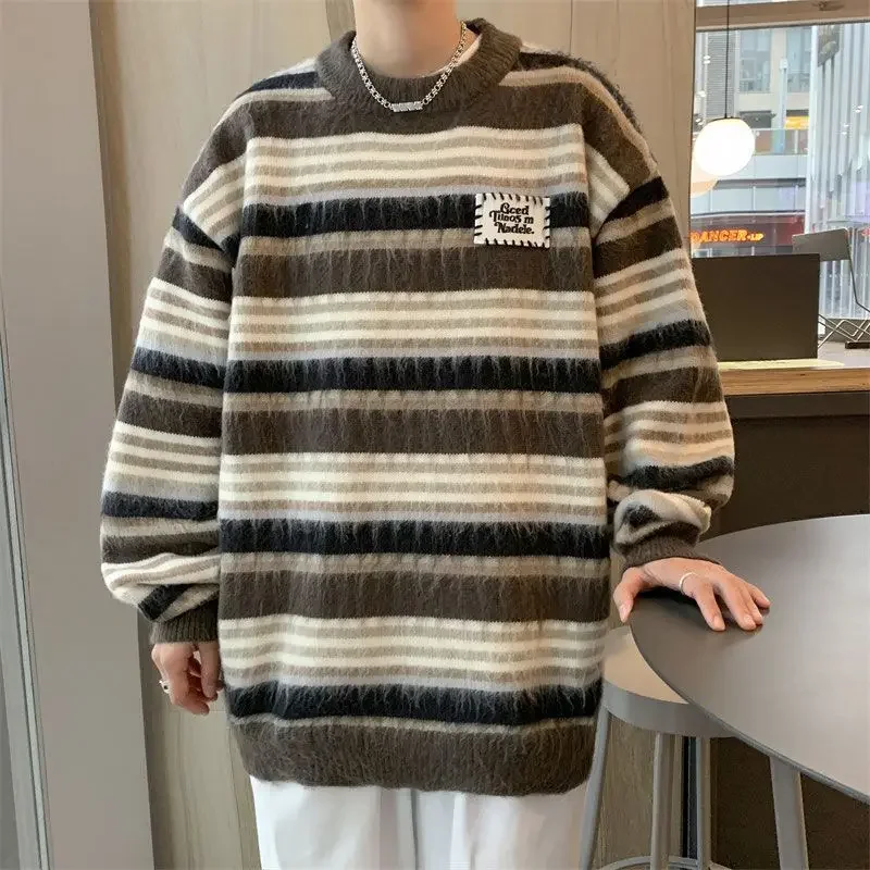 Korean sweater furry round neck men's winter striped contrast color loose versatile trendy brand sweater couple sweater y2k tops