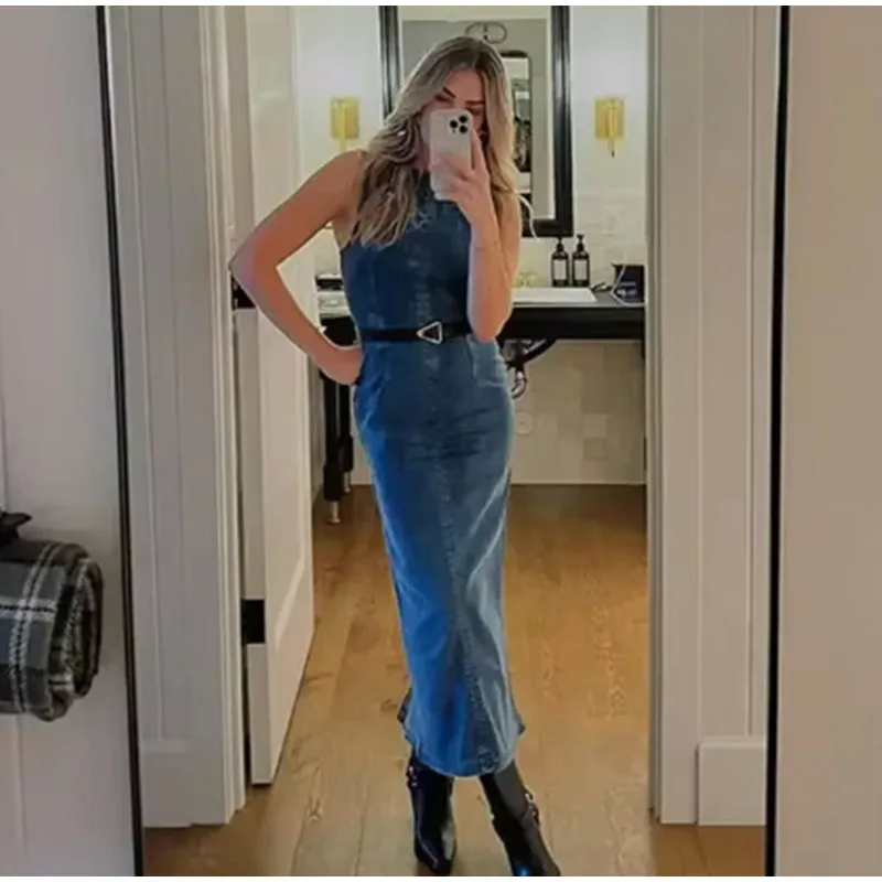 Casual Sleeveless Denim Dresses Women Elegant Slim Fit O-neck Slit Denim Dress Female Autumn Chic Street All-matching Robes