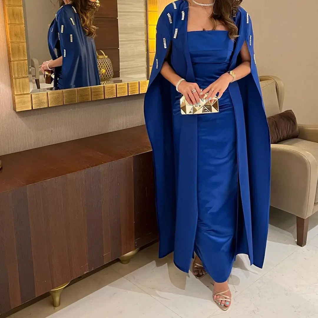 

2023 New Royal Blue Satin Prom Dresses Strapless Beaded Ankle Length Formal Occasion Dress Evening Dress for Women