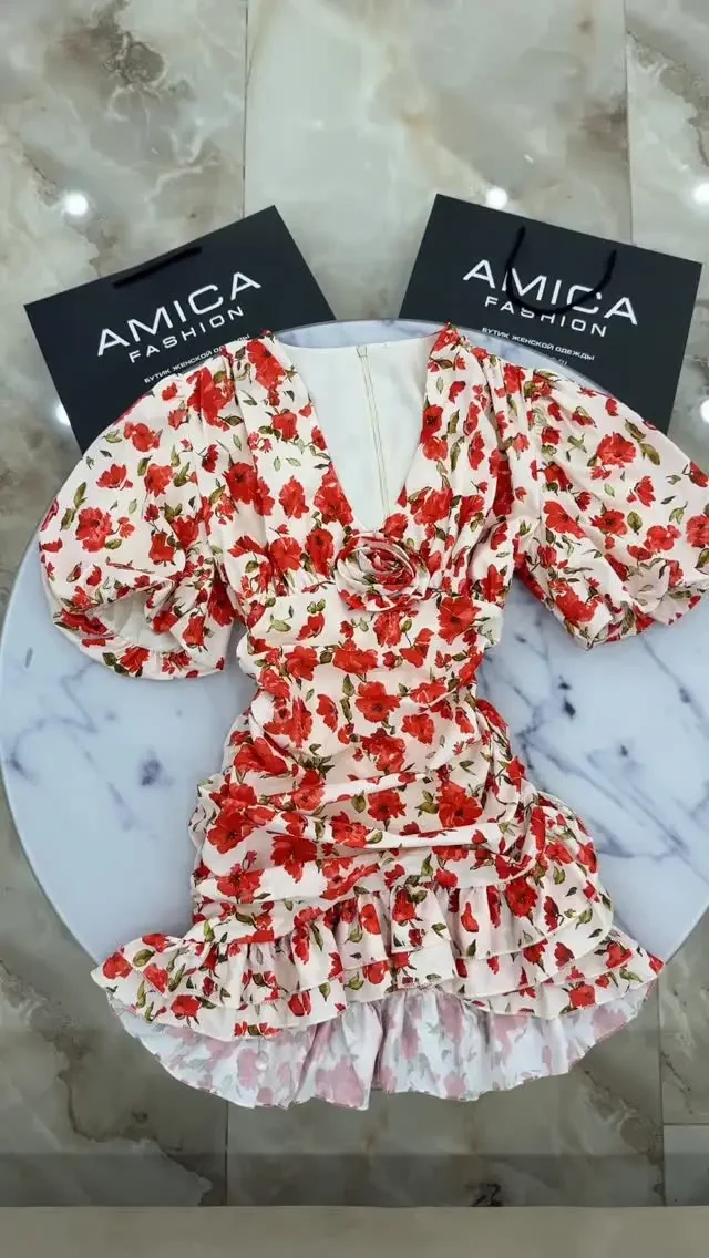 White Red Floral Ruched Puff Sleeve Mini Dress V-neck Ruffle Hem 3d Flower Dresses Summer Lady Party Sweet Date Vestido New 2026 6