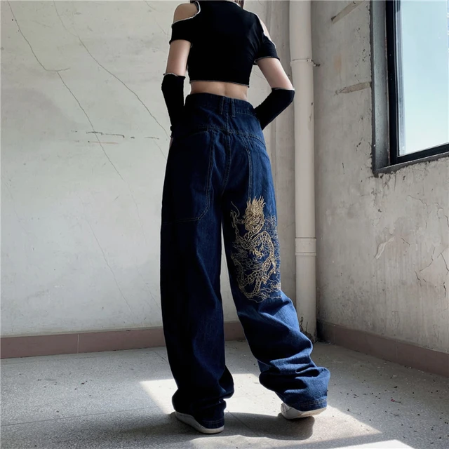 Pantalones vaqueros de pierna recta para mujer, jeans holgados bordados de  estilo retro americano, informales, combinan con todo, de cintura alta, de  pierna ancha, 2021 - AliExpress