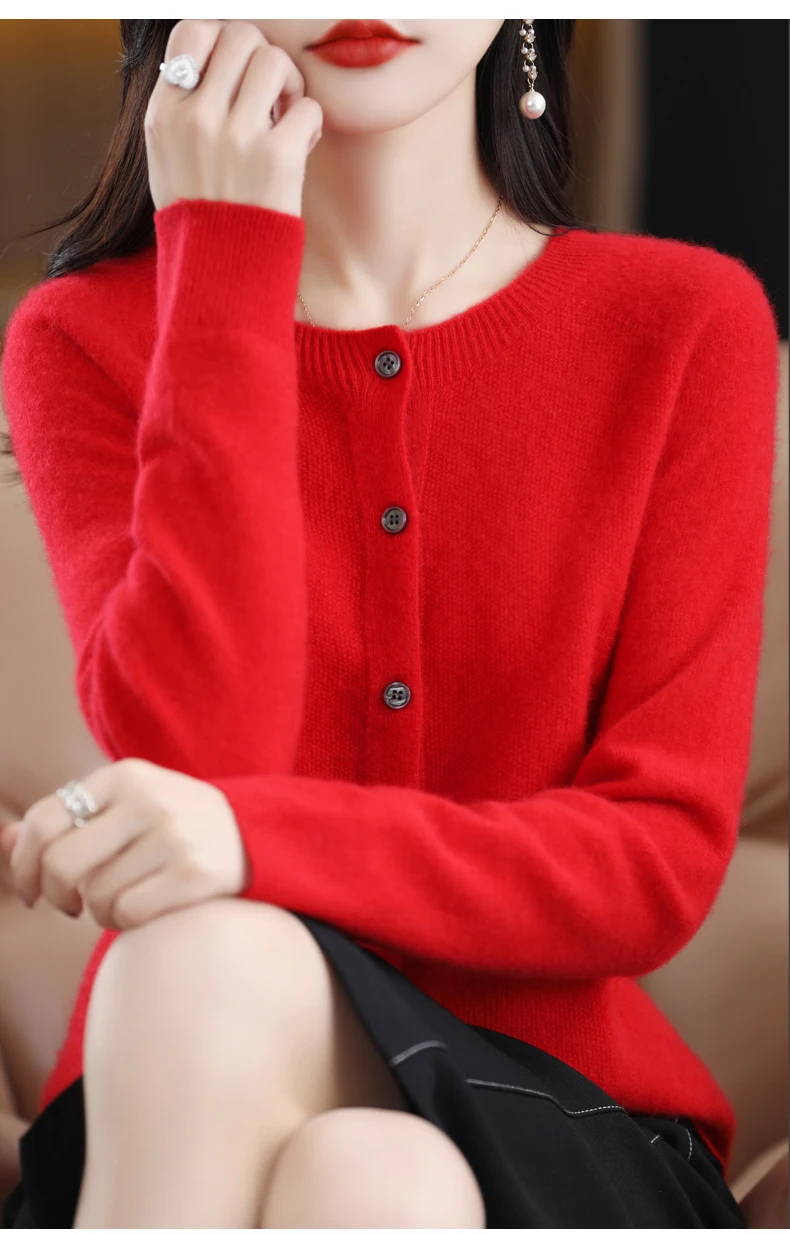 Women 100% Merino Wool Sweater Autumn Winter O-Neck First Line Seamless Cardigan Long Sleeve Clothing Cashmere Knitwear Tops