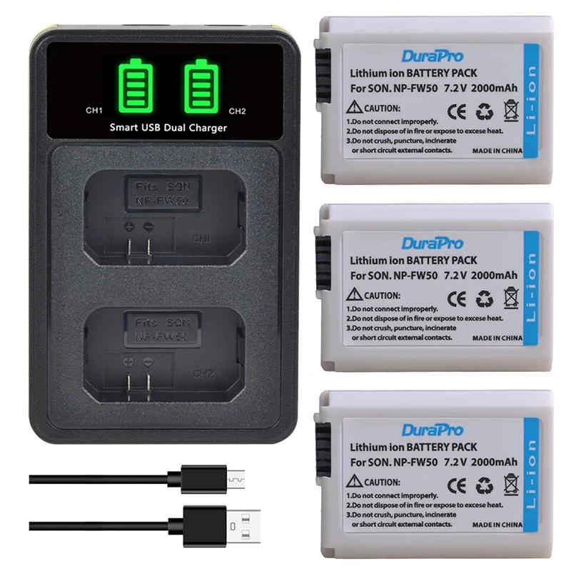 Durapro 2000Mah Np-Fw50 Np Fw50 Batteria + Led Doppio Caricatore Per Sony A6000 Nex-7 Nex 5N F3 3D 3Dw 3K 5C Alpha 7R Ii Fotocamera