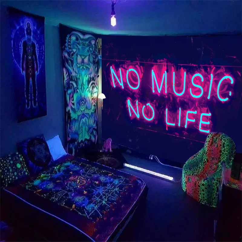 1pc NO MUSIC NO LIFE Fluorescent tapestry, UV black light floral and plant tapestry, bedroom home decoration wall hanging