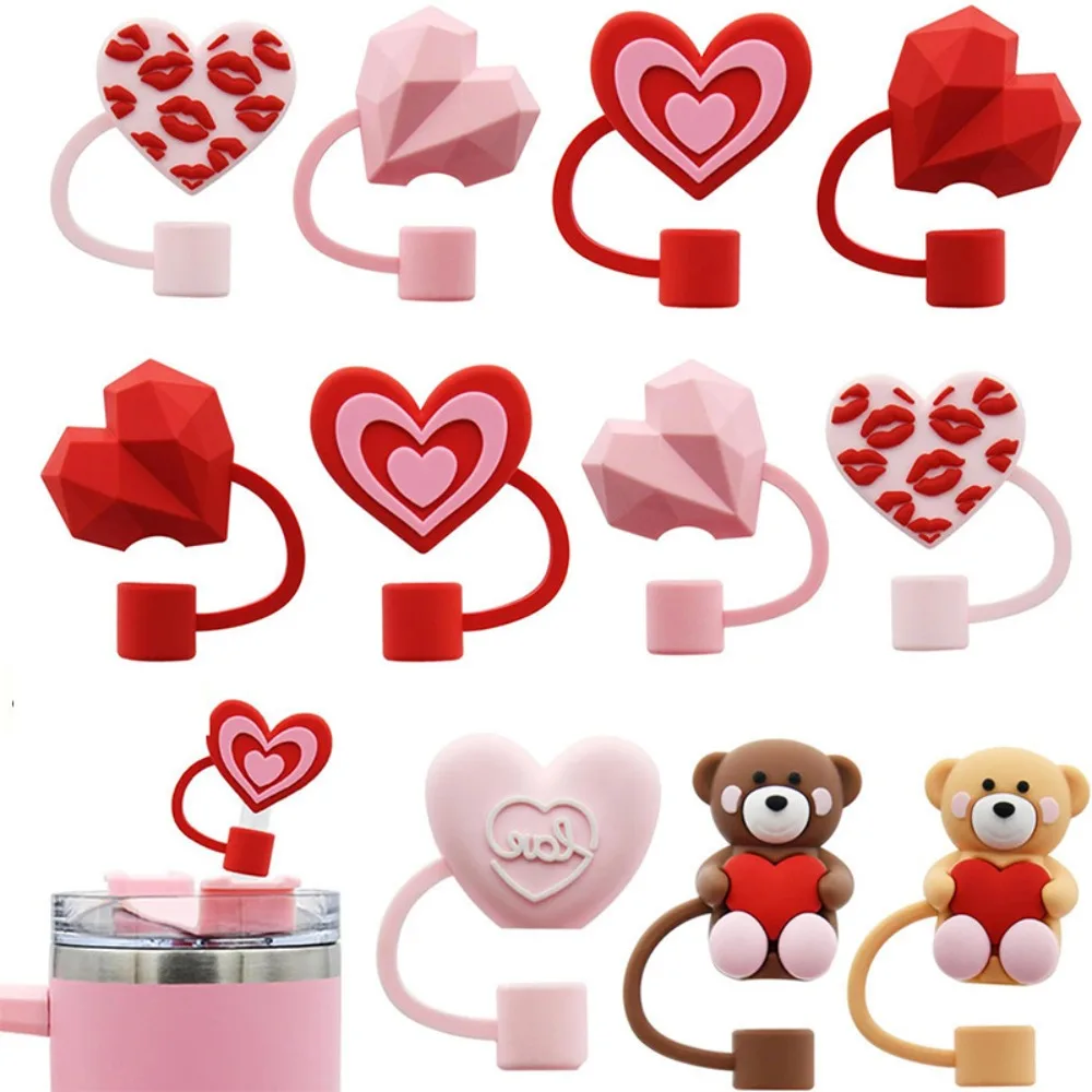 Creative Cartoon Silicone Straw Plug Reusable Drinking Straw Dust Cap 3D Heart-shaped 10mm Straw Tips Cover Straw Topper Cap