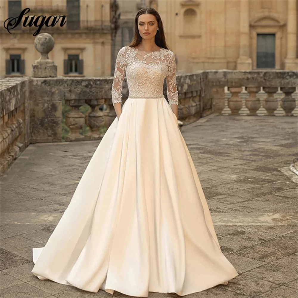 

Illusion O Neck Weddding Dress Long Sleeves Appliques Bridal Gowns Pocktes Satin Vestido De Novia Backless Lace Up Wedding Gown