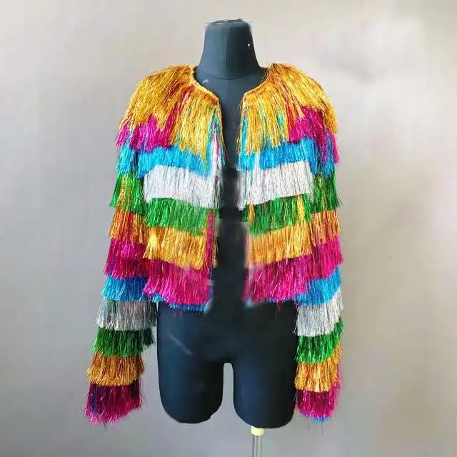 

Women Gogo Dancer Costume Pole Dance Festival Outfit Bar Nightclub Dj Ds Colorful Fringed Coat Headwear Rainbow Bodysuit