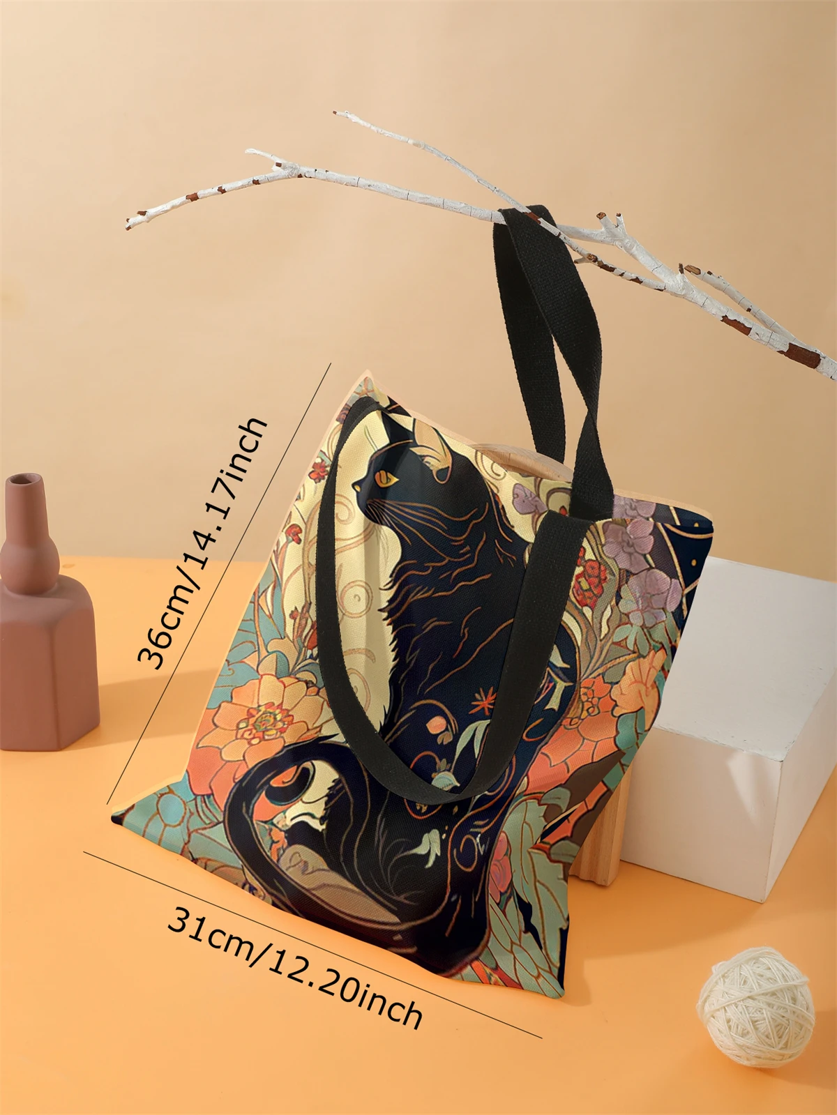 Black cat pattern printed casual handbag, reusable fashionable backpack, multifunctional handbag, canvas shopping bag