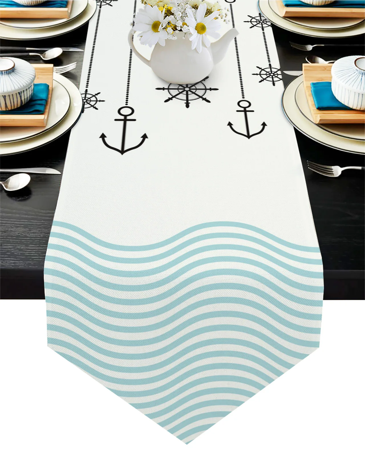 Nautical Motifs Waves Anchors Table Runner Wedding Party Table