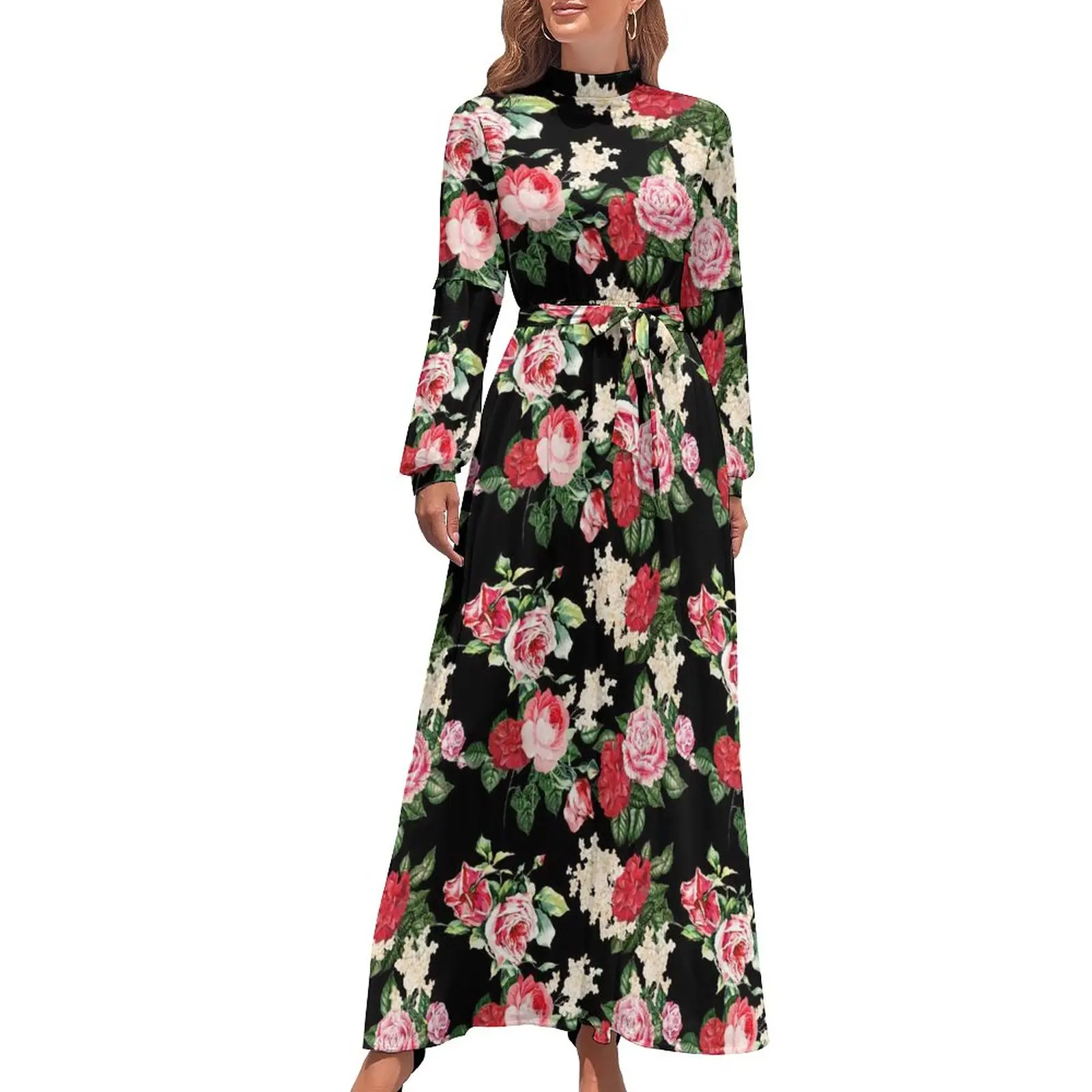 

Retro Flower Prin Dress Rose Leaf Party Maxi Dress Aesthetic Beach Long Dresses High Waist Design Clothes