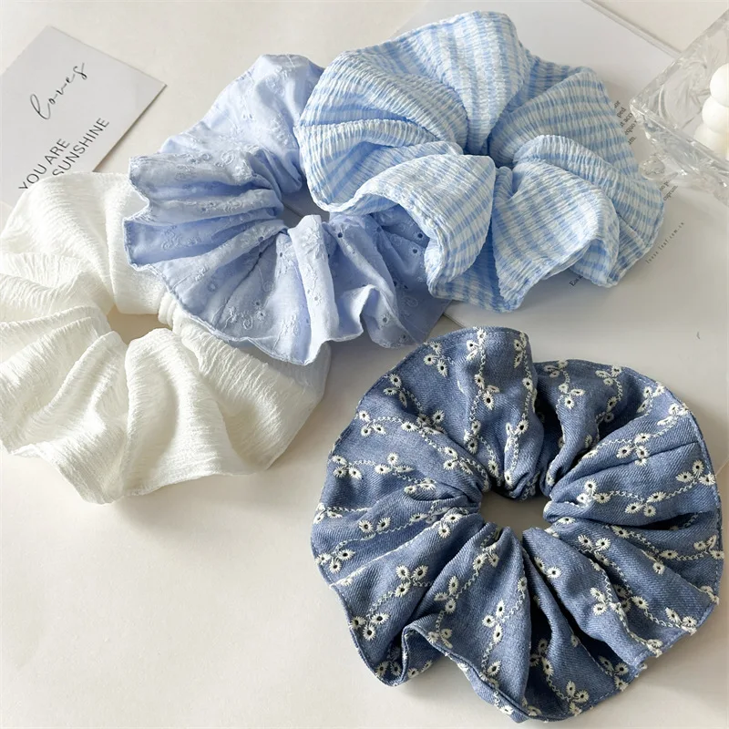 Elegant Blue Canvas Hair Scrunchies - Fashionable Women's Hair Accessories