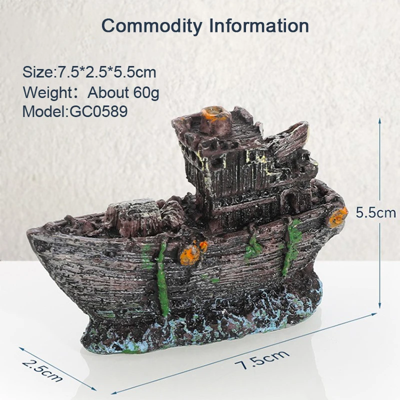 1Pc Fish Tank Ornaments Retro Aquarium Fish Tank Landscape Wreck Ship Decoration Hollow Cave Resin Boat Statues