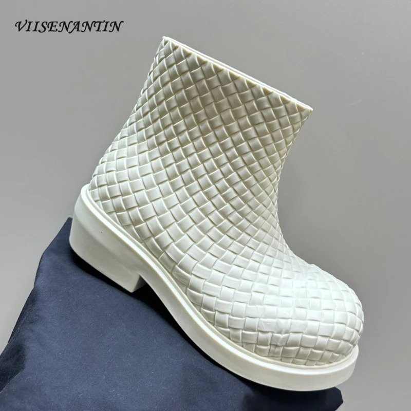 

Runway Style Thick Bottom Height Increasing Rain Boot Women Round Toe Slip on Ankle Boots Women Waterproof Non Slip Modern Boots